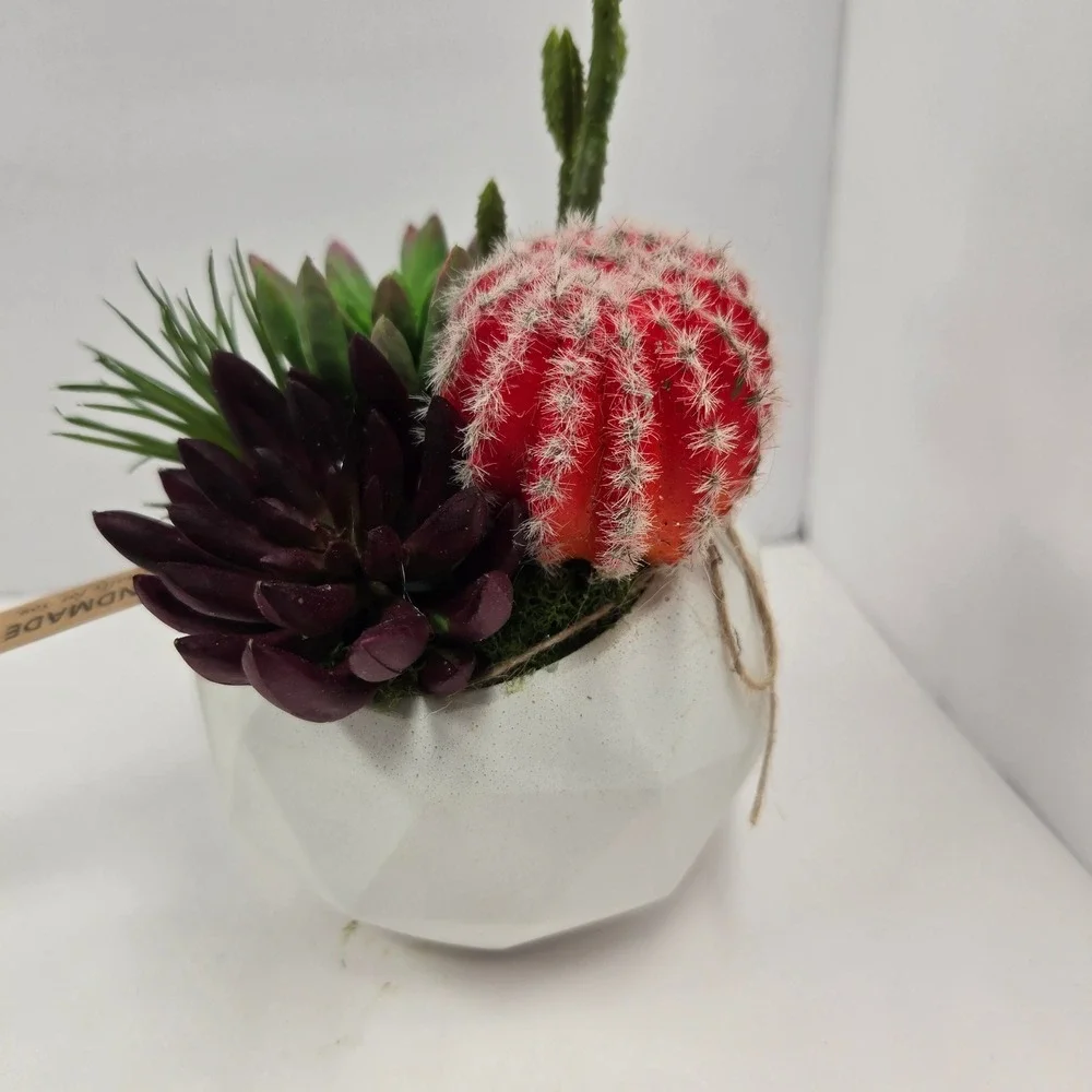 Handmade Artificial Succulent Cactus Arrangement White Geometric Pot Red Purple